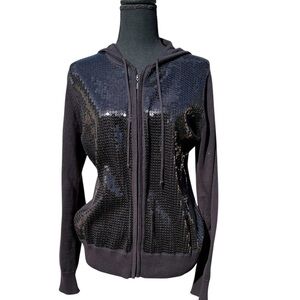 Women’s sequence black casual jacket with pockets & hood by Allen B. Size Medium